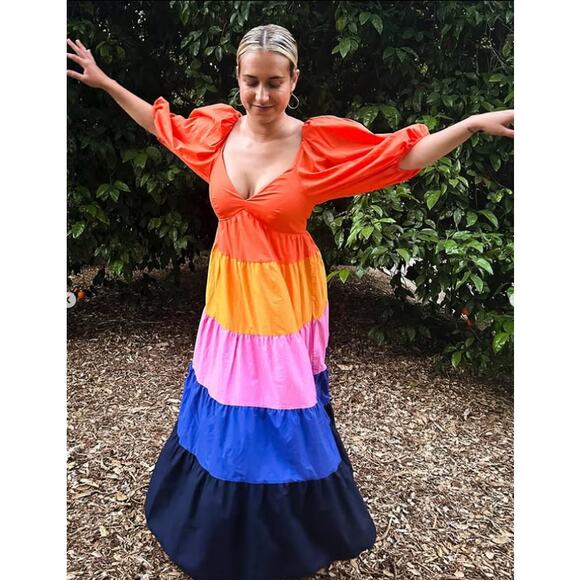 FARM Rio Tiered Colorblock Maxi‎ Dress Paris Summer Rainbow Sundress Blogger Fav - Picture 3 of 11